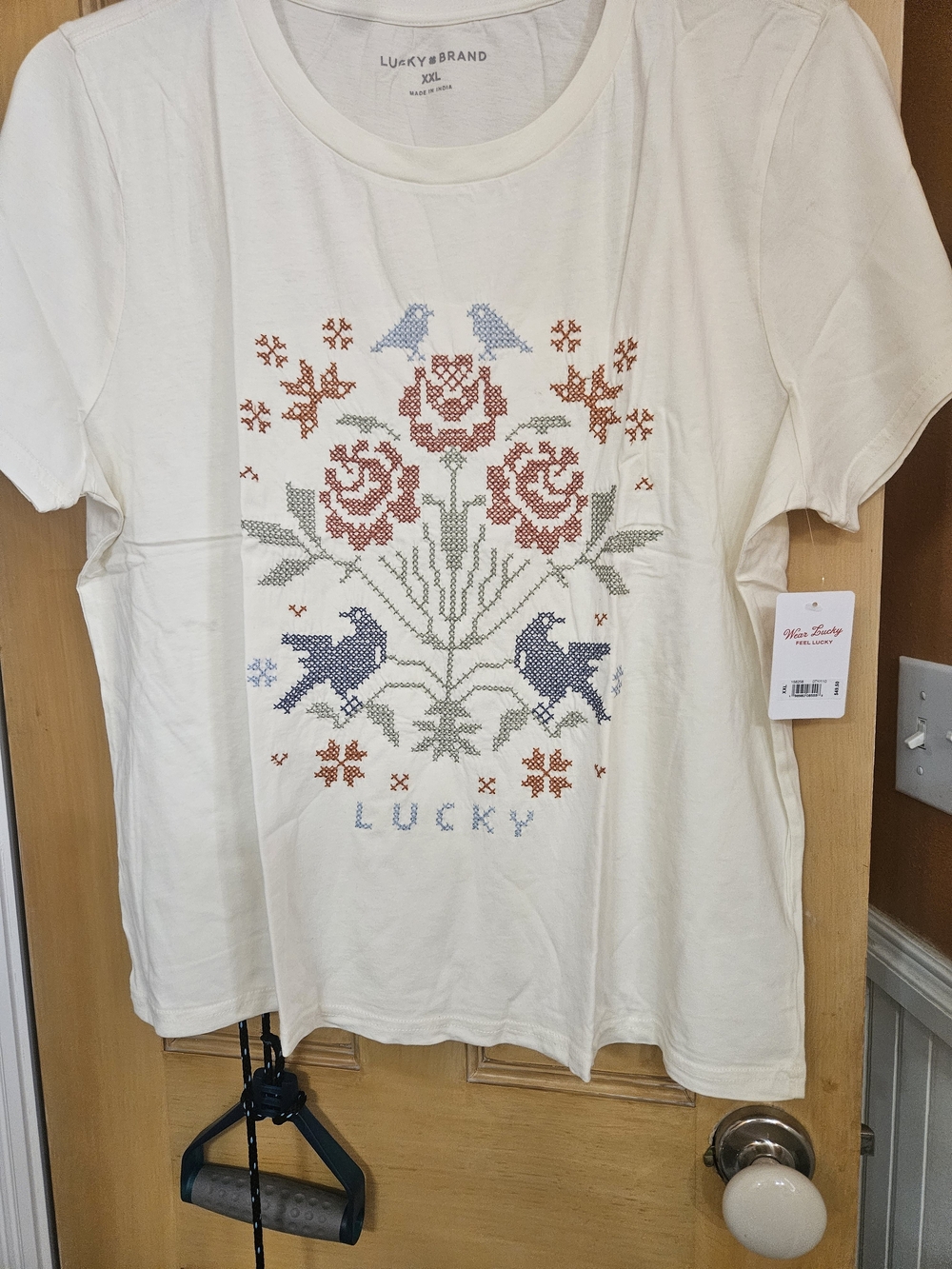 Lucky Brand Cream Tee with Floral Cross-Stitch Motif
